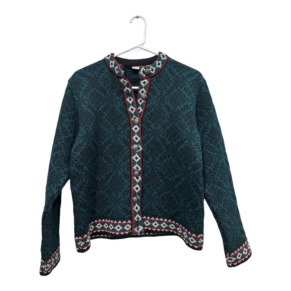 LL Bean Womens Merino Wool Cardigan Sweater Teal Nordic Fair Isle Metal Butto XS